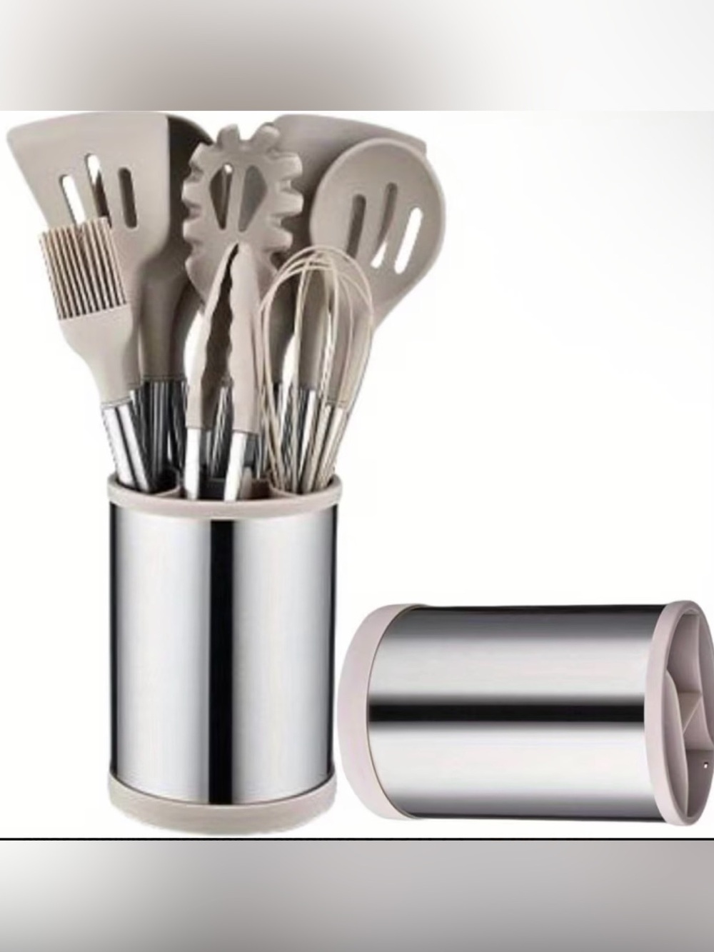 Stainless Steel Utensil Holder Set with Beige Silicone Kitchen Tools